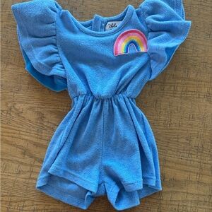 Lola + The Boys Sky Blue Romper with Vibrant Rainbow 2T